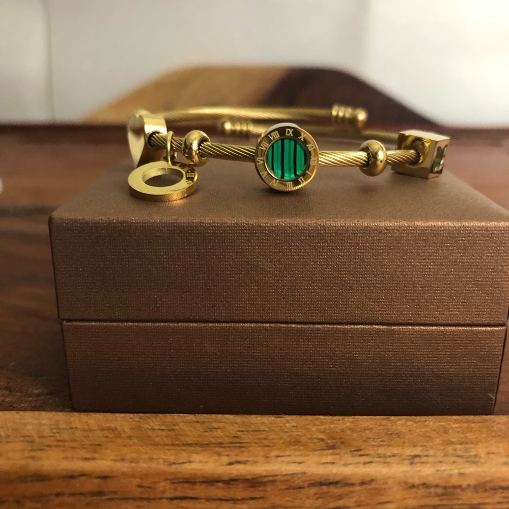 Gold Stainless Steel Twist Bangle Green Stone Roman Number Heart Butterfly Gift